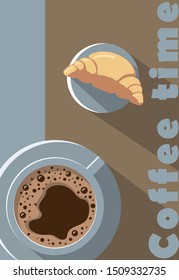 A cup of coffee and a croissant. Modern vector background illustration in pastel colors.
