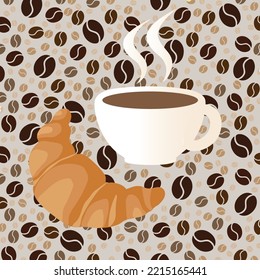 a cup of coffee and a croissant on the background of coffee beans