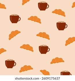 Cup of coffee with croissant on beige background. Vector illustration