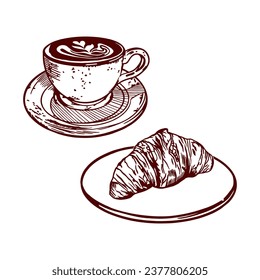 Cup of coffee and croissant on a plate. Vector illustration of breakfast in graphic style. Menus of restaurants, cafes, food labels, covers, cards.