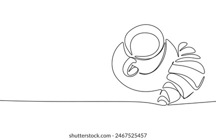 Cup of coffee with croissant one line continuous. Line art cup and croissant. Hand drawn vector art.