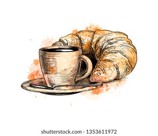 Cup of coffee and a croissant from a splash of watercolor, hand drawn sketch. Vector illustration of paints