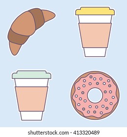 Cup of coffee with croissant. Tea with donut. Vector stickers for decoration take away or to go packages and boxes