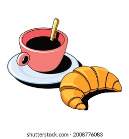 Taza de café, croissant. Línea de esbozo vectorial 3d isométrica, ilustración de icono de color, estilo plano. Idea de diseño creativo y elementos para infografías y sitios web.