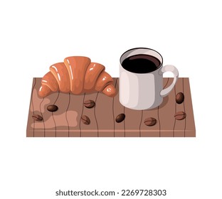 Cup with coffee and croissant. Vector illustration in flat style