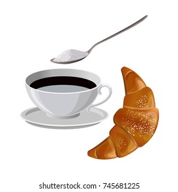 Cup of coffee with croissant. Vector illustration isolated on the white background