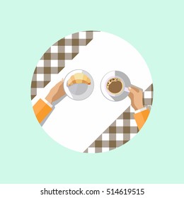 Cup of coffee with a croissant. The view from the top. A Cup of black coffee with croissant on a white plate. hands holding a plate with a croissant.