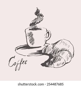 Cup of coffee with croissant vintage illustration, engraved retro style, hand drawn, sketch, menu design