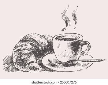 Cup of coffee with croissant vintage illustration, engraved retro style, hand drawn, sketch, menu design
