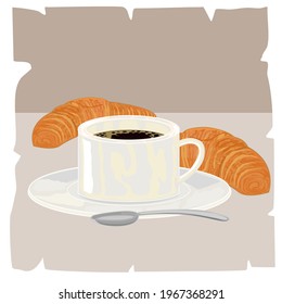 A cup of coffee with croissants