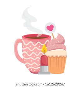 cup coffee with cupcake and candle vector illustration design