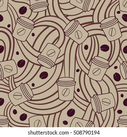 Cup with coffee and curved lines with grains. Seamless  Pattern on the coffee theme.
