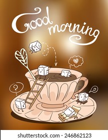 Cup of coffee with cute cubes of sugar (vector)