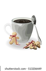 Cup of coffee with cute gingerbread man cookies isolated on white background.Christmas mood.