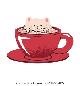 Cup of coffee with a cute kitten made of foam. Kawaii design of a coffee drink. Espresso, americano cup, cappuccino and latte in glasses. Flat cartoon illustration isolated on white background.