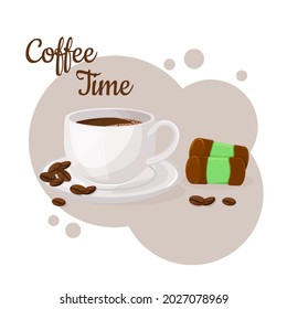 Cup of coffee and dammsugaree. Coffee time concept. Isolated hand drawn vector illustration of cute breakfast food. 