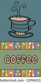 Cup of coffee, dark blue background, label, banner