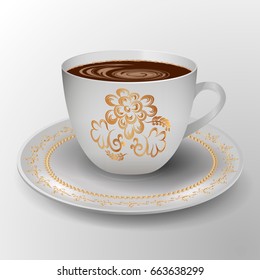 cup of coffee decorated with gold ornament.  Decorative tableware. Vector illustration
