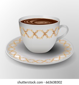 cup of coffee decorated with gold ornament.  Decorative tableware. Vector illustration
