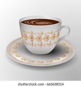 cup of coffee decorated with gold ornament.  Decorative tableware. Vector illustration
