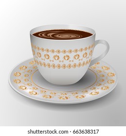 cup of coffee decorated with gold ornament.  Decorative tableware. Vector illustration
