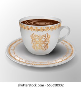 cup of coffee decorated with gold ornament.  Decorative tableware. Vector illustration
