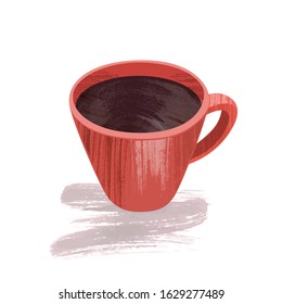 Cup of coffee. Decorative vector illustration red mug with hot drink. Design element. Isolated vector illustration on white background.