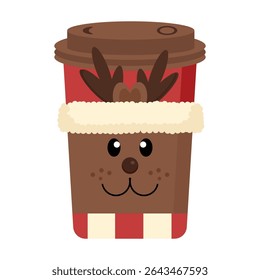 A cup of coffee with deer face printed on sleeve.