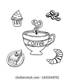 cup of coffee and delicious cake on white background, vector illustration. 