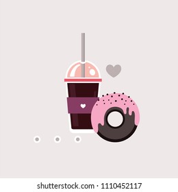 Cup of coffee and delicious chocolate donut with pink strawberry or other berry pink color glaze Sweet delicious dessert design elements Cute banner Vector illustration