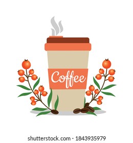 Cup of coffee. Delicious hot beverage decorated by plant branches around. Print for inscription for greeting invitation card or print, poster design. Vector illustration