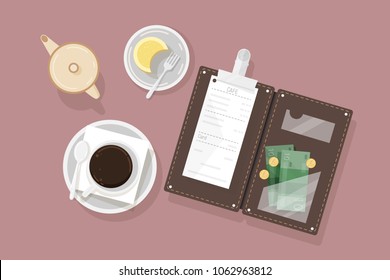 Cup of coffee, dessert on plate, creamer and opened bill holder with restaurant check and cash money, top view. Customer's payment for cafe service. Colorful vector illustration in flat style.