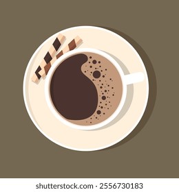 Cup of coffee with dessert on a saucer. Top view. Vector illustration.