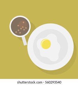 Cup of coffee with dish with eggg. Vector illustration. Flat.