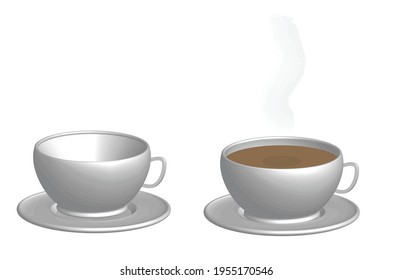 Cup of coffee and dish on white background.Blank ceramic glass mockup.Black and brown beverage.