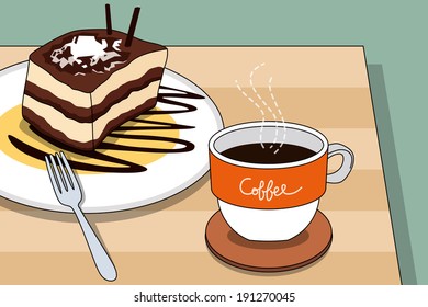 A cup of coffee and a dish of Tiramisu