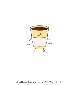 A cup of coffee in a disposable cup. Vector character with a smile on his face, has hands and feet in white sneakers. Black coffee, retro, bubbles