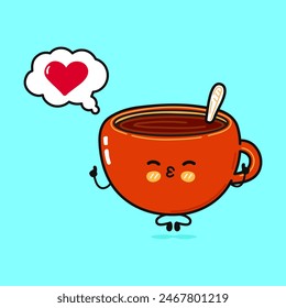 Cup of coffee doing yoga with speech bubble. Vector hand drawn cartoon kawaii character illustration icon. Isolated on blue background. Chocolate Cup of tea in love character concept