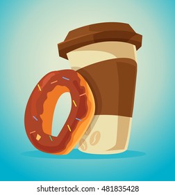 Cup of coffee and donut characters. Vector flat cartoon illustration