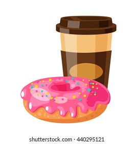 Cup of coffee and donut of colorful flat cartoon illustration of fast food icons. Isolated vector. Illustration for design fast food menu.