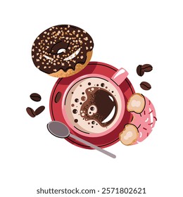 Cup of coffee with donut in flat cartoon style. Delicious coffee drink with dessert. Breakfast composition, top view for menu, sticker, postcard, etc.