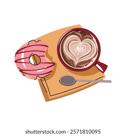 Cup of coffee with donut in flat cartoon style. Delicious coffee drink with heart pattern and dessert. Breakfast composition, top view for menu, sticker, postcard, etc.