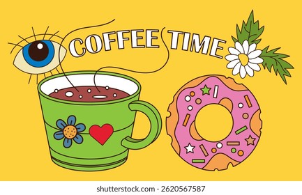 Cup of coffee, donut with icing and sprinkles, inscription Coffee time and other decorative elements. Poster, flyer or other. Vector illustration