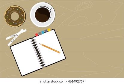 Cup of coffee, donut and notebook on wooden table