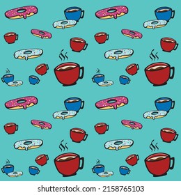 A cup of coffee and donut on background. Vector with doodle hand drawn colorful seamless pattern. Children drawing. Graphic for menu, wallpaper, restaurant, cafe, interior, decoration. etc.