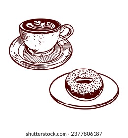 A cup of coffee and a donut on a saucer. Vector illustration of food in graphic style. Menus of restaurants, cafes, food labels, covers, cards.