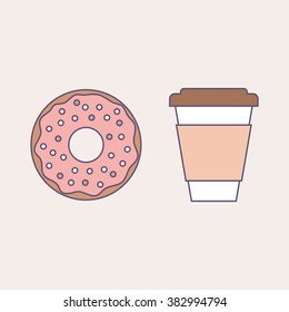Cup of coffee with donut. Vector illustration