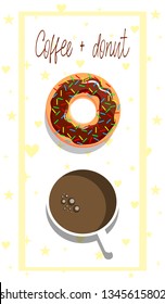 Cup of coffee and donut. View from above. Lunch. - Space for Text, vertical banner. Vector Graphics.