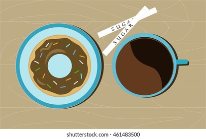 Cup of coffee and donut. View from above. Lunch.