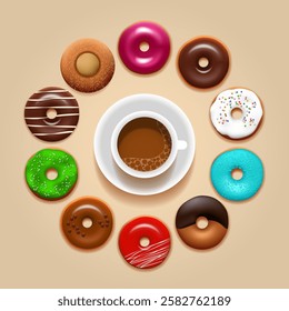 Cup of coffee and donuts with icing and decor, top view. Breakfast background